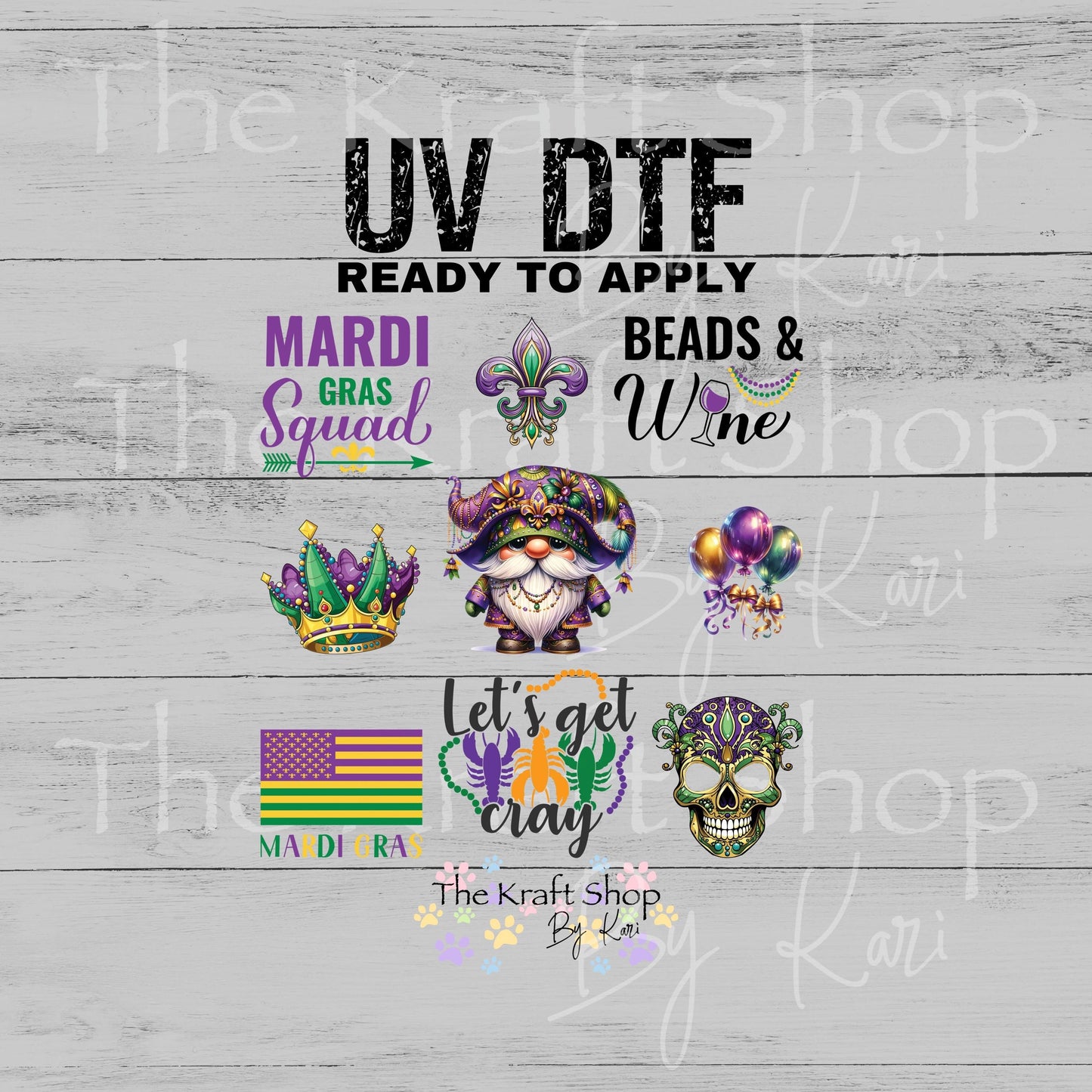 UV DTF Sticker print Mardi Gras Gnome Element Lets get cray beads and wine mixed media bundle of decals sheet 10x10 #7639