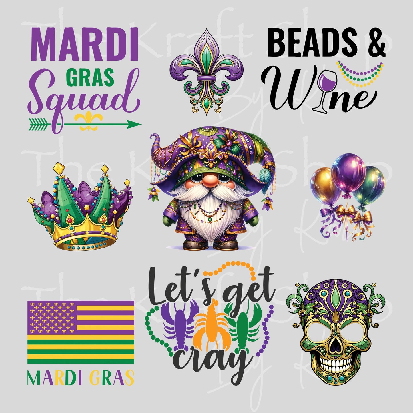 UV DTF Sticker print Mardi Gras Gnome Element Lets get cray beads and wine mixed media bundle of decals sheet 10x10 #7639