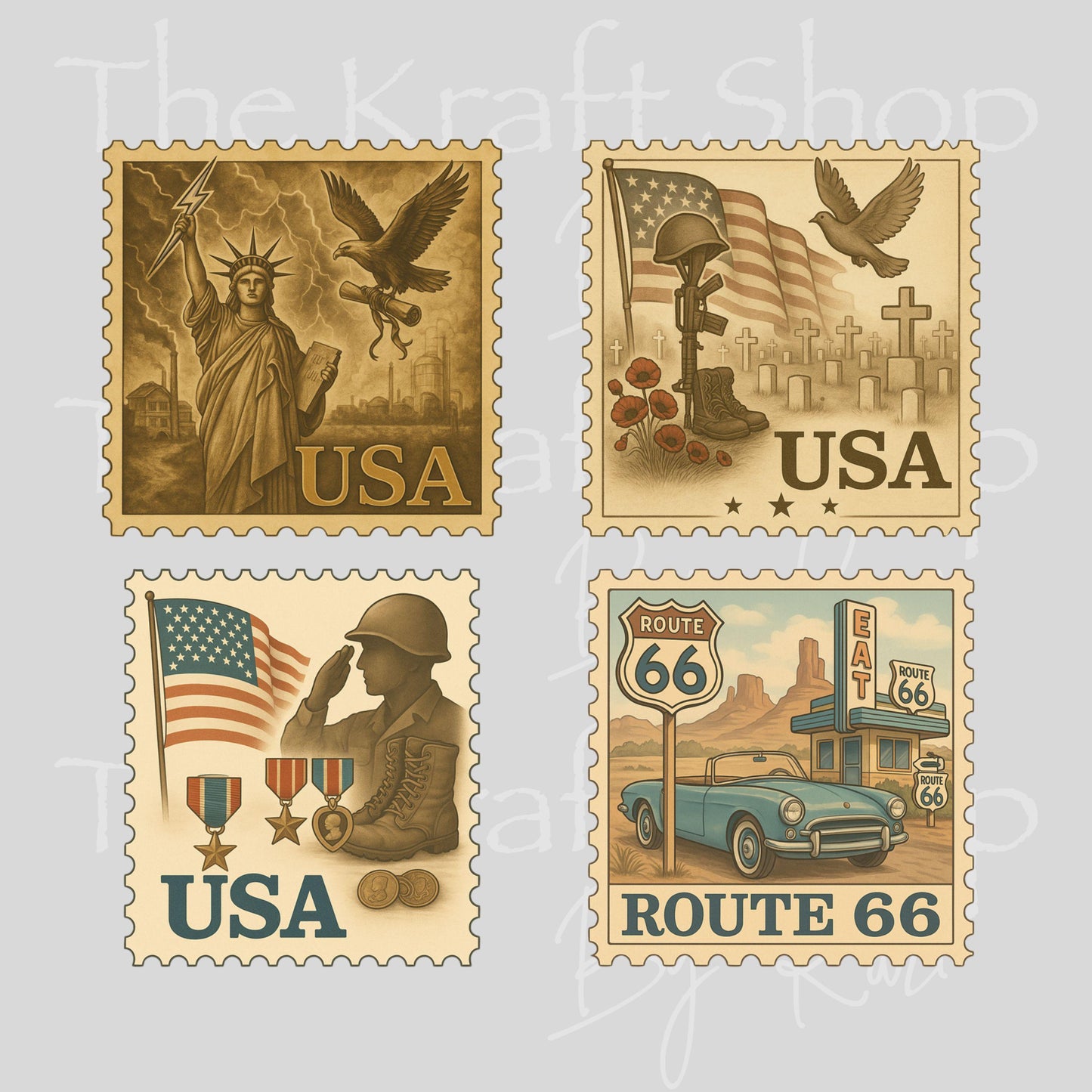 UV DTF Sticker print USA stamps vintage Route 66 mixed media Element sheet 4pk decal #4587