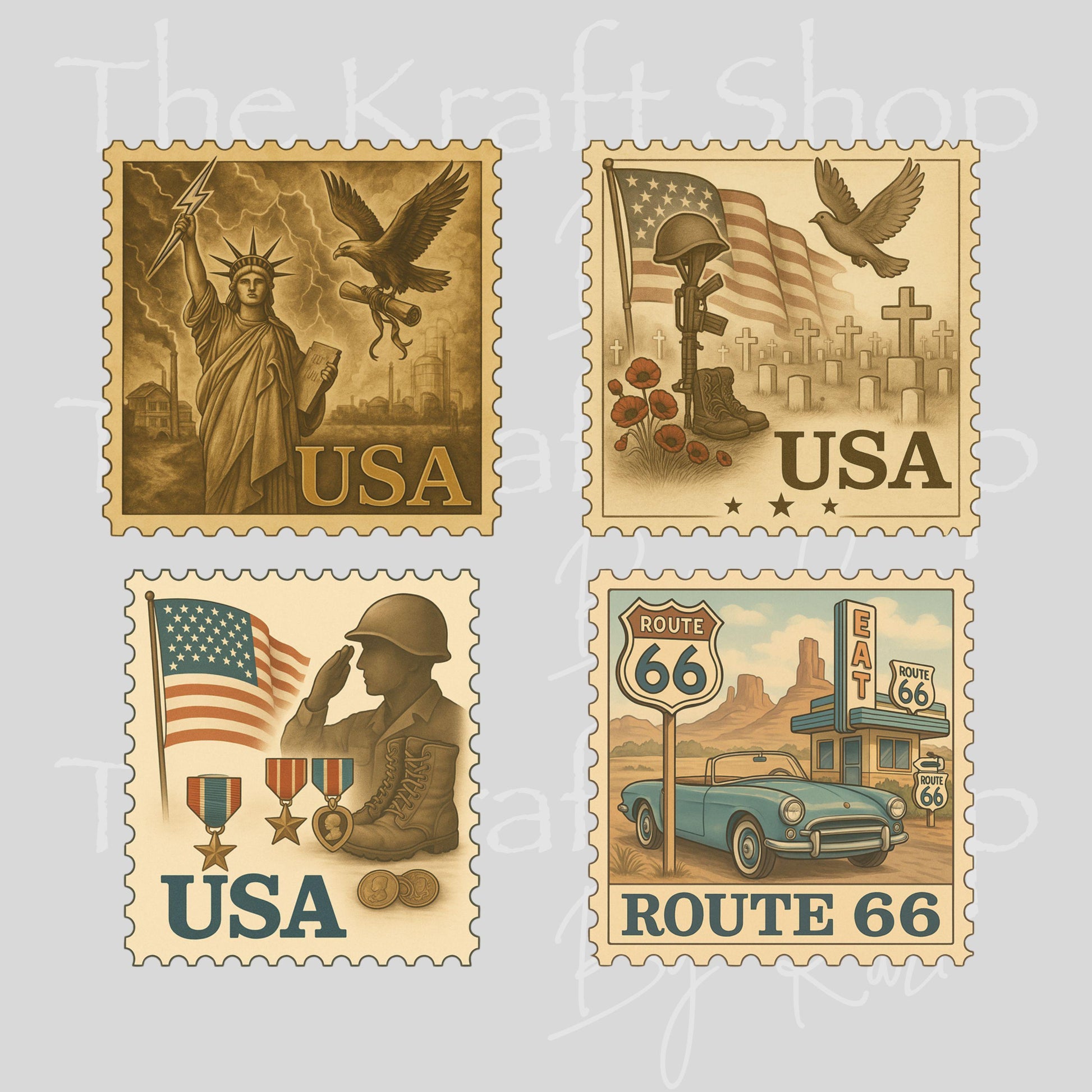 UV DTF Sticker print USA stamps vintage Route 66 mixed media Element sheet 4pk decal #4587