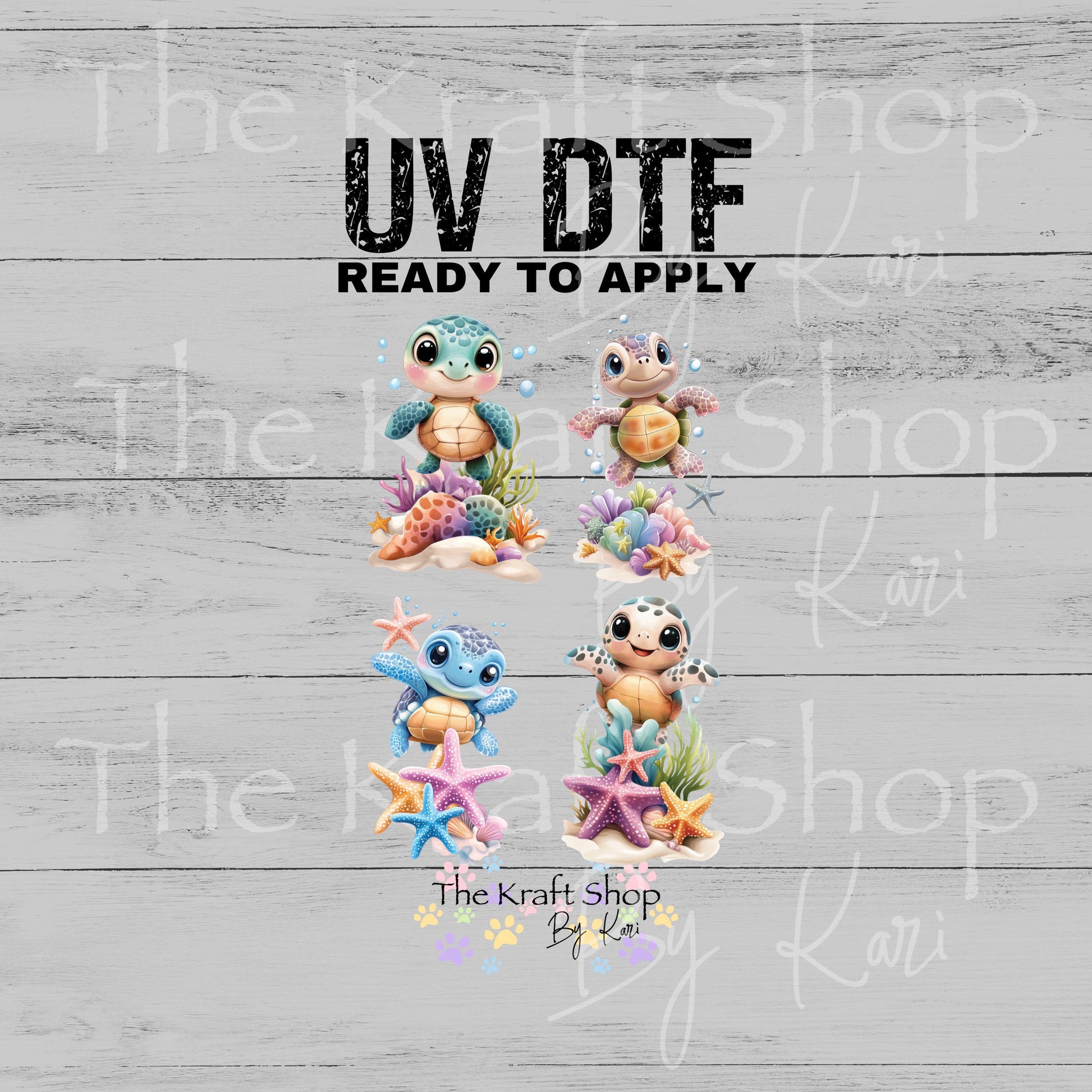 UV DTF Sticker prints. Cute baby turtles with sea shells, coral and sand decals 4pk, permanent sticker.#1085