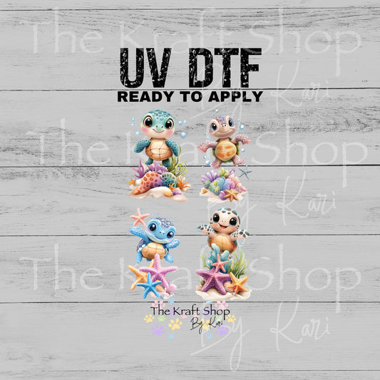 UV DTF Sticker prints. Cute baby turtles with sea shells, coral and sand decals 4pk, permanent sticker.#1085