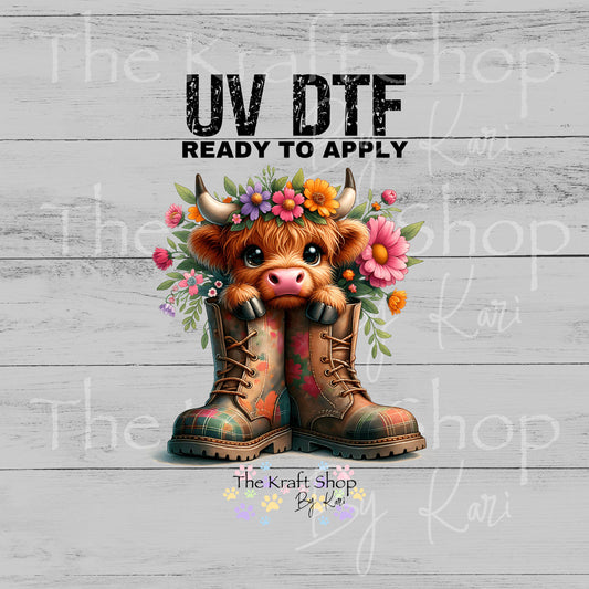 UV DTF Sticker print. Floral highland cow in boots decal, tumbler decal, permanent sticker. UV wrap for glass can tumbler. #1086
