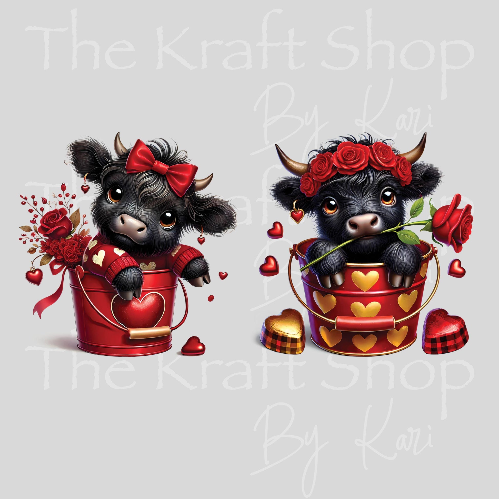 UV DTF Sticker print Valentines Day Black Highland Cows in a Bucket 2pk decals, tumbler decal, permanent sticker.#7646
