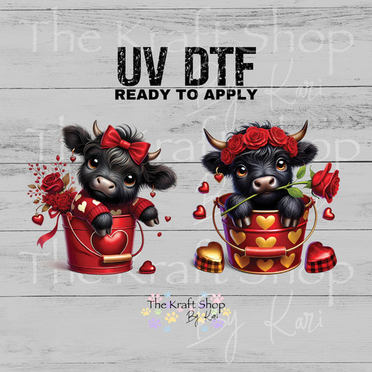 UV DTF Sticker print Valentines Day Black Highland Cows in a Bucket 2pk decals, tumbler decal, permanent sticker.#7646
