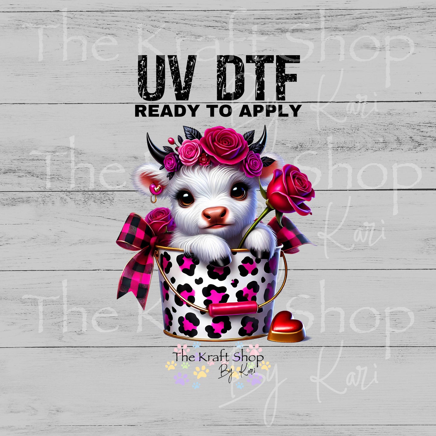 UV DTF Sticker print. White Valentines Day cow in bucket decal, tumbler decal, permanent sticker. #7647