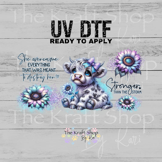 UV DTF Sticker print. Heifer cow She overcame everything glass can wrap decal, tumbler decal, permanent sticker #5498