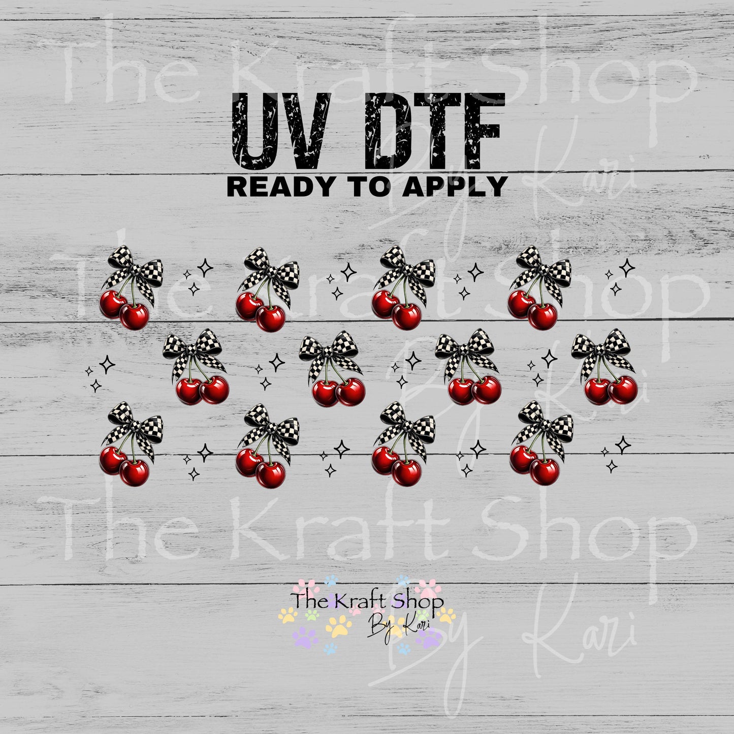 UV DTF Sticker print. Checkered Cherries and bows glass can wrap decal, tumbler decal, permanent sticker #5500
