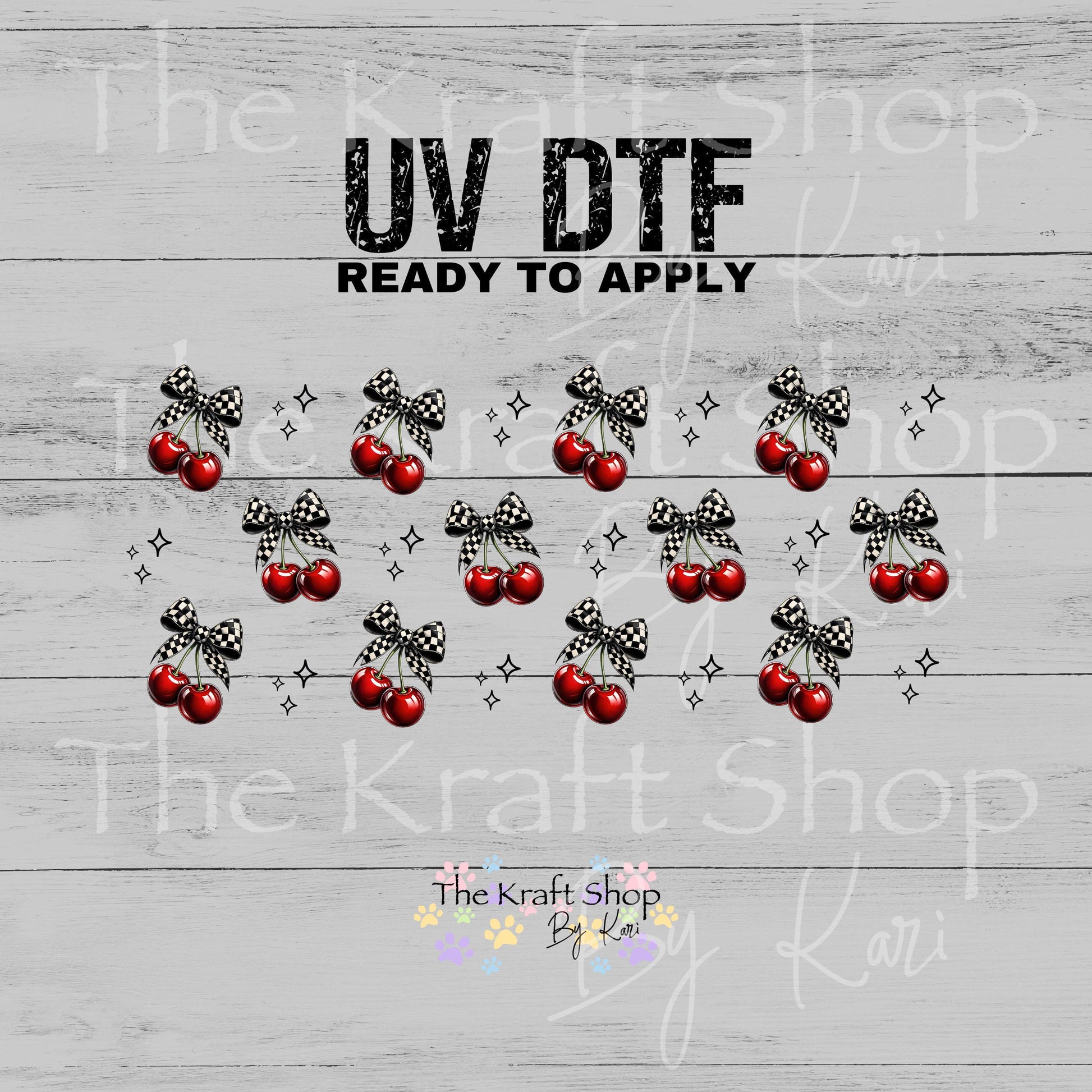 UV DTF Sticker print. Checkered Cherries and bows glass can wrap decal, tumbler decal, permanent sticker #5500