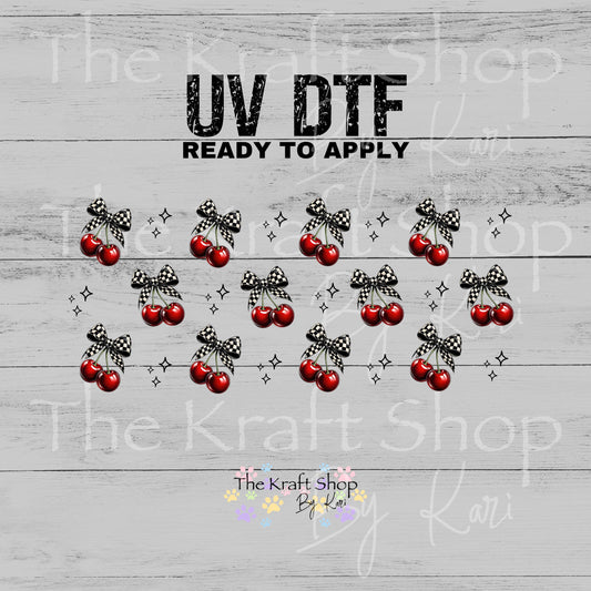 UV DTF Sticker print. Checkered Cherries and bows glass can wrap decal, tumbler decal, permanent sticker #5500