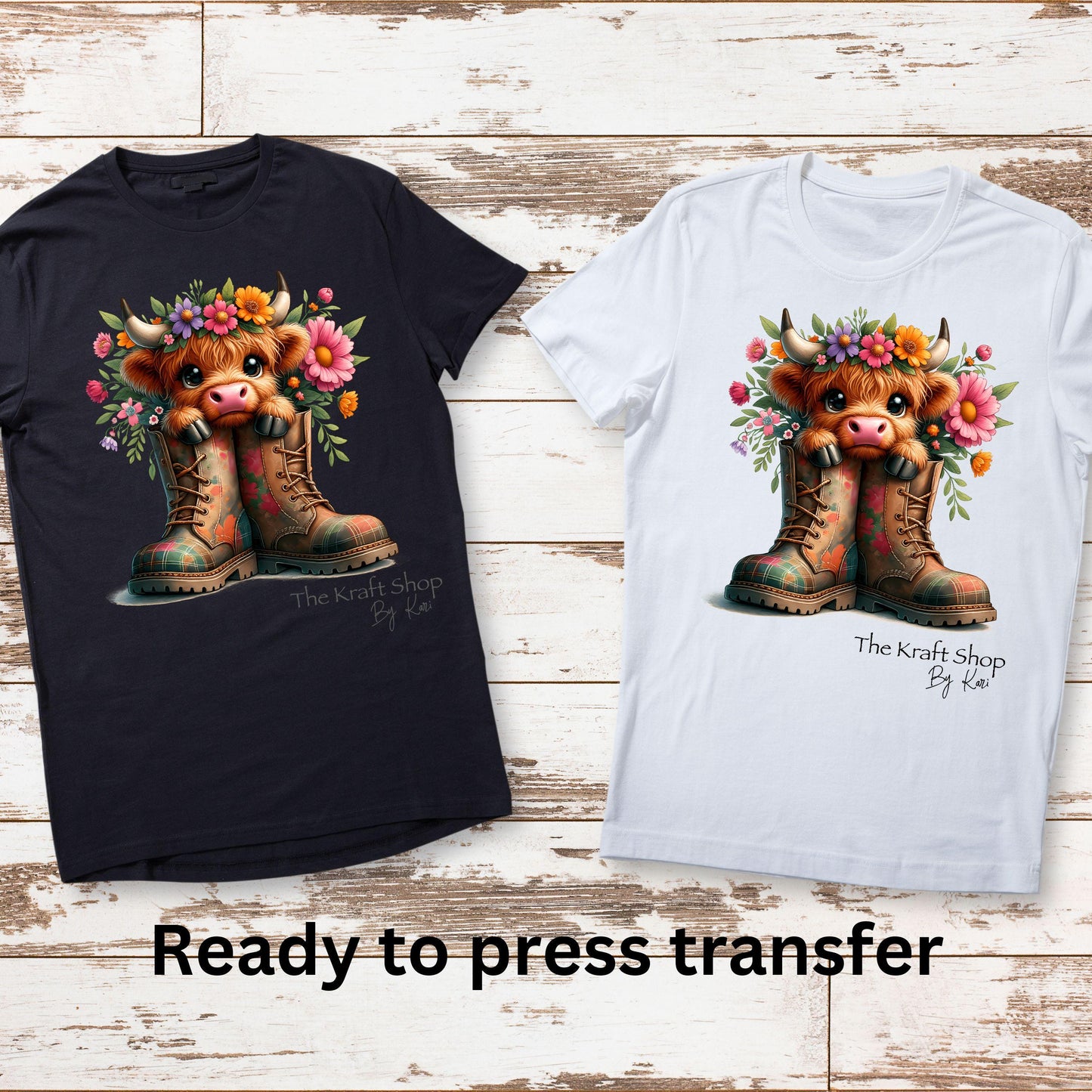 DTF ready to press transfer Floral Highland Cow in Boots shirt transfer, DTF Print #11603