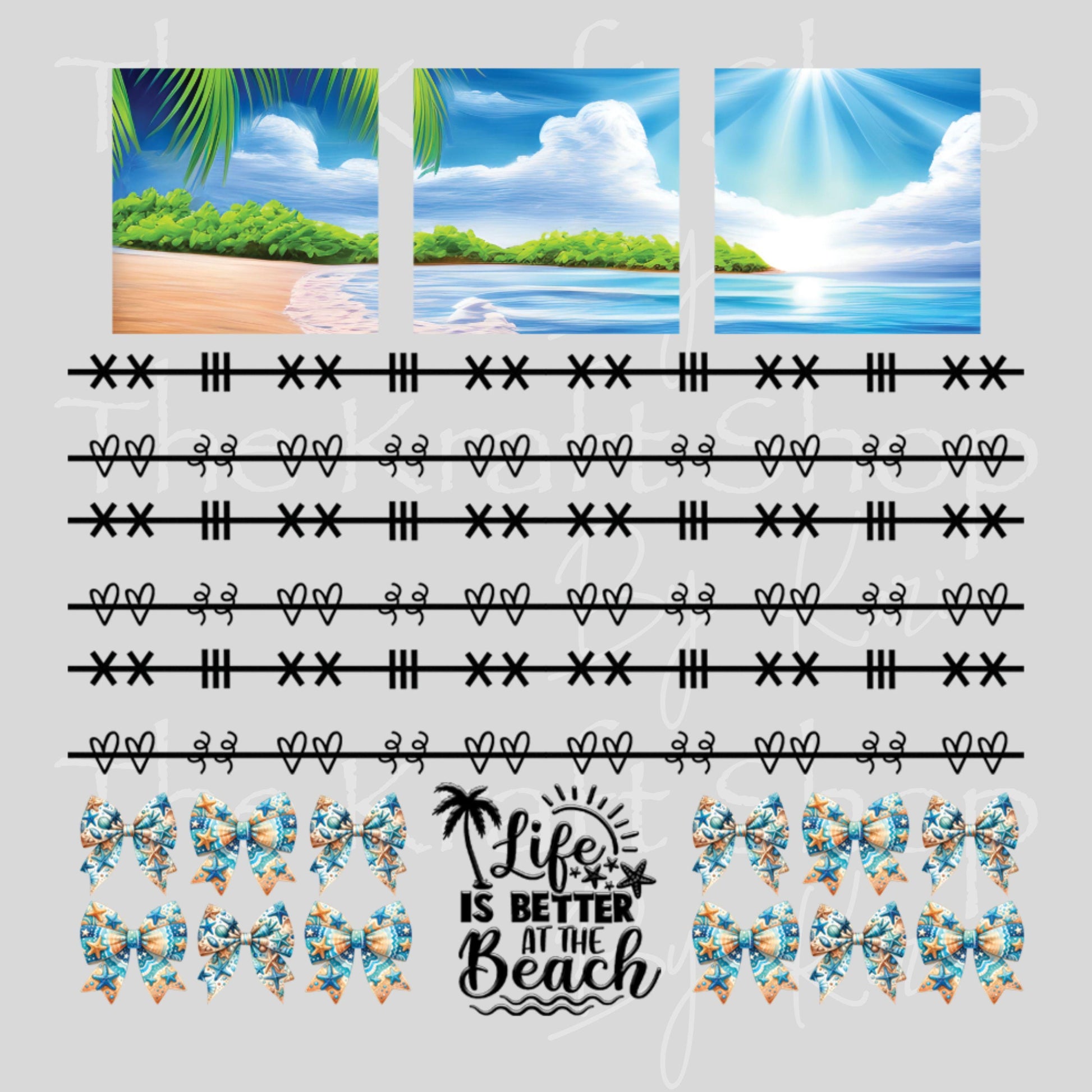 UV DTF Sticker print Patchwork Element Beach and bows mixed media Element sheet 9x9 decal #10400