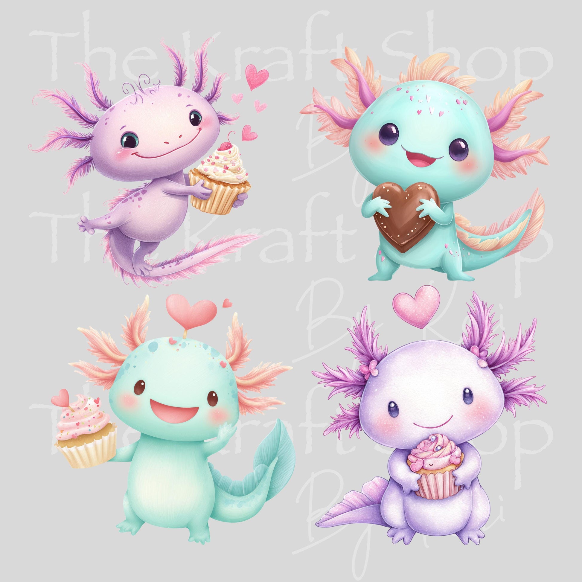 UV DTF Sticker prints. Valentines Axolotl decals 4pk, permanent sticker.#7648