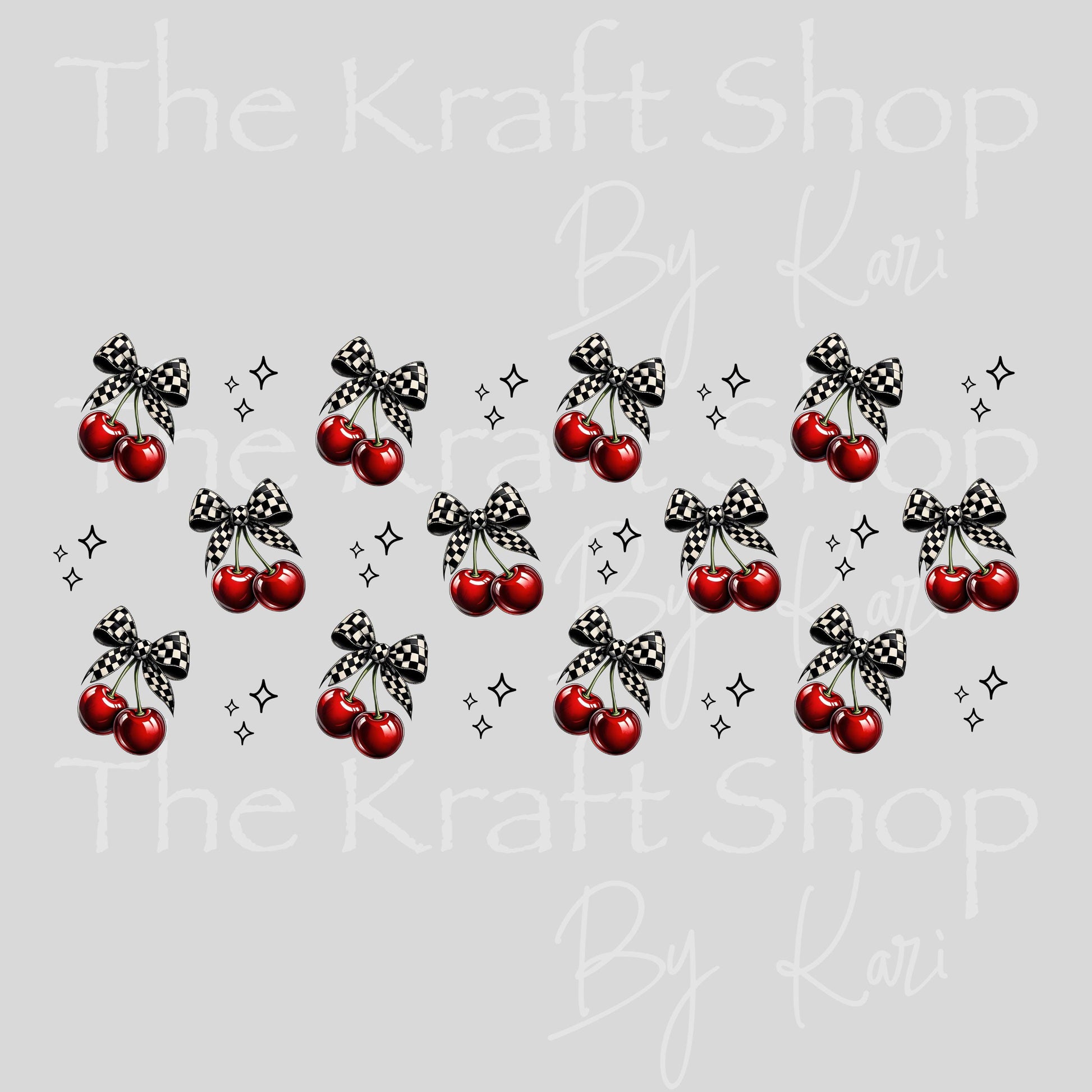 UV DTF Sticker print. Checkered Cherries and bows glass can wrap decal, tumbler decal, permanent sticker #5500