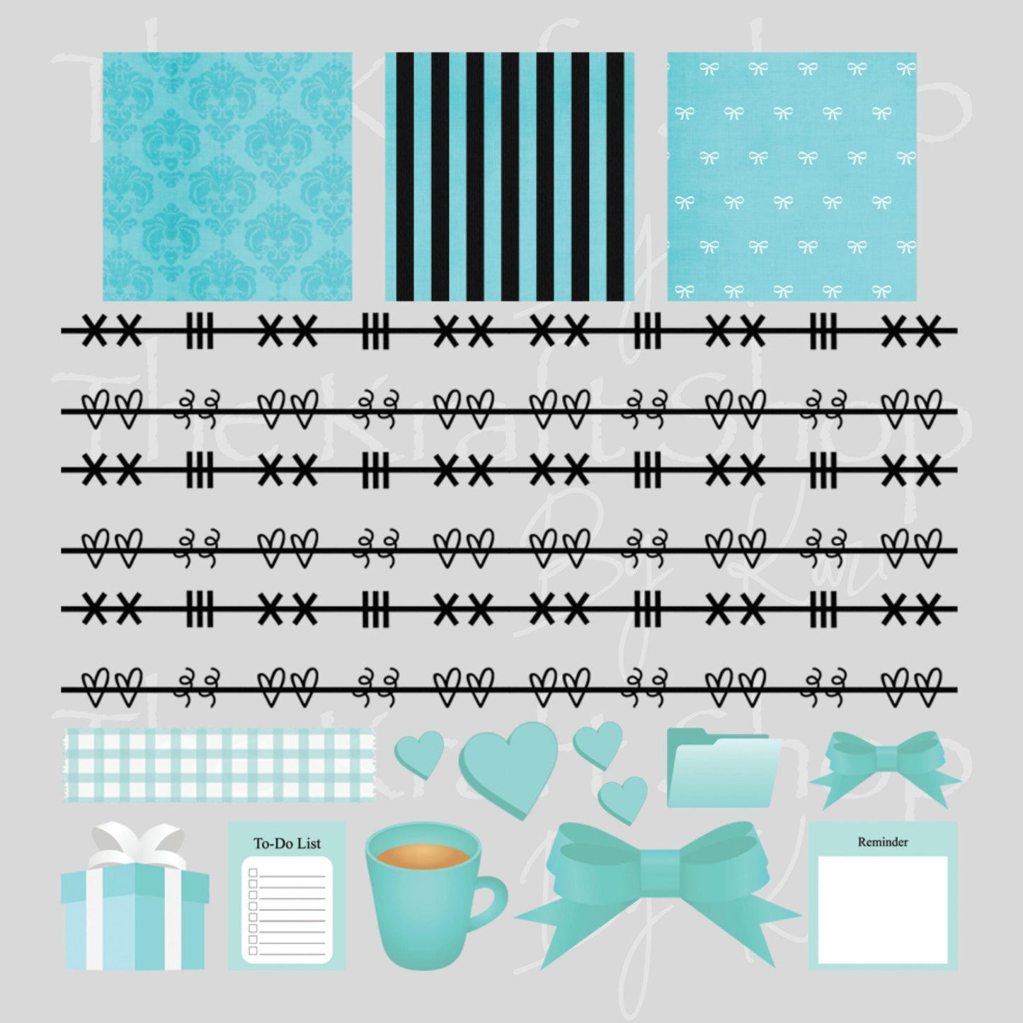 UV DTF Sticker print Patchwork Element Breakfast Blue and elements mixed media Element sheet 9x9 decal #10405