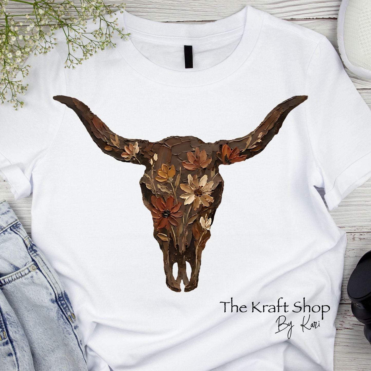 DTF ready to press transfer. Floral Cow Skull boho colors. Direct to film heat press transfer. DTF Print, Heat Transfer#11606