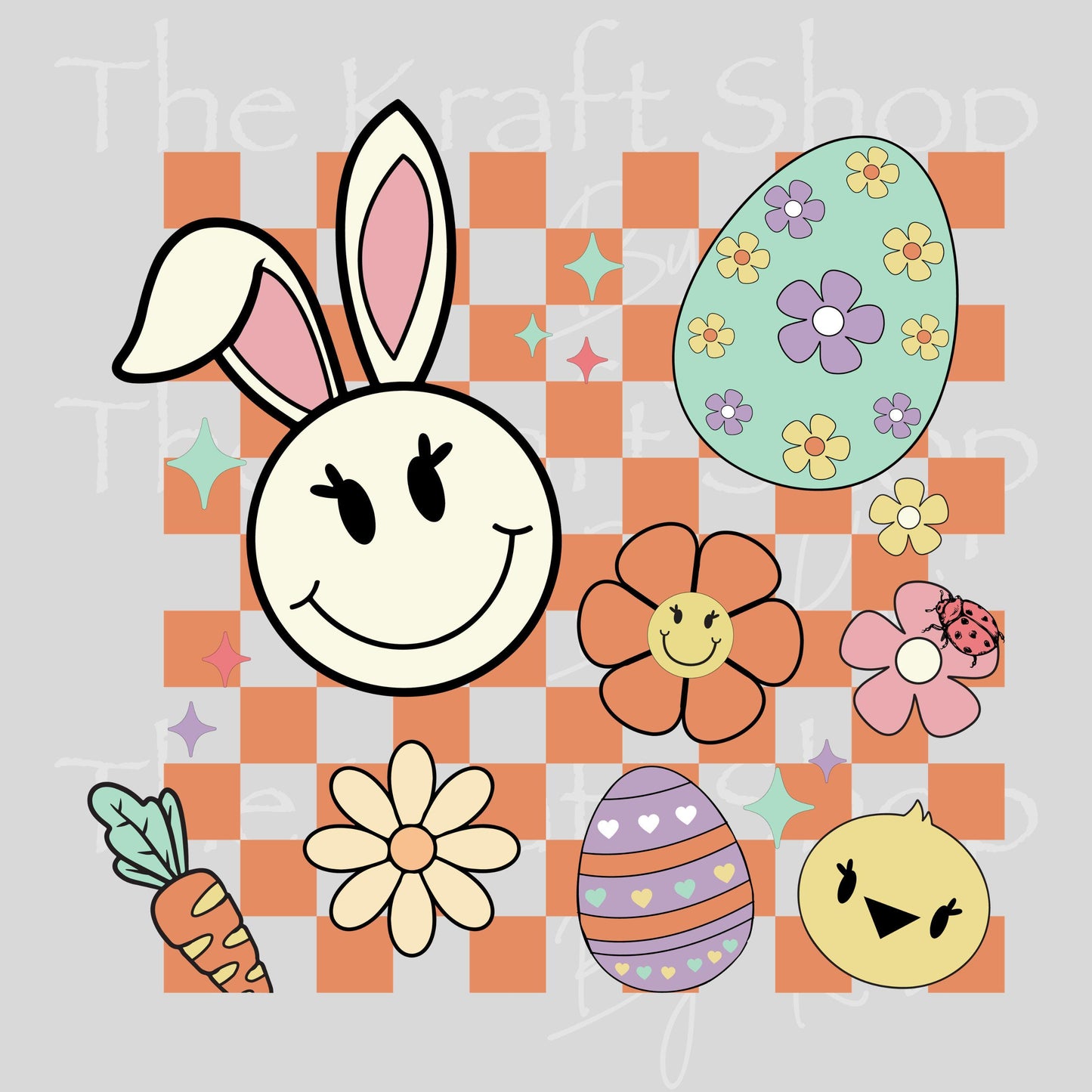 UV DTF Sticker print. Orange Checkered Retro Easter Bunny decal, tumbler decal, permanent sticker. #7651
