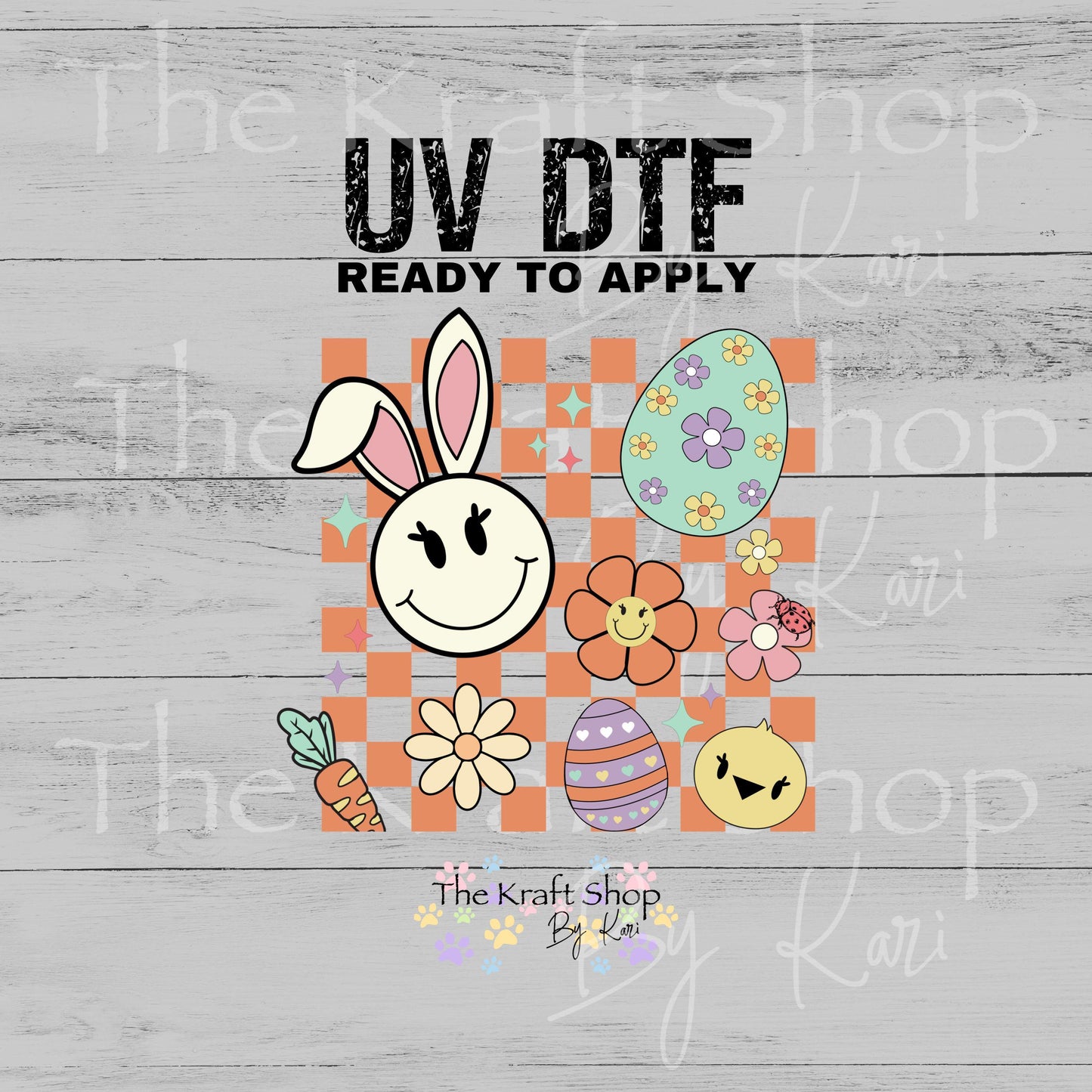 UV DTF Sticker print. Orange Checkered Retro Easter Bunny decal, tumbler decal, permanent sticker. #7651