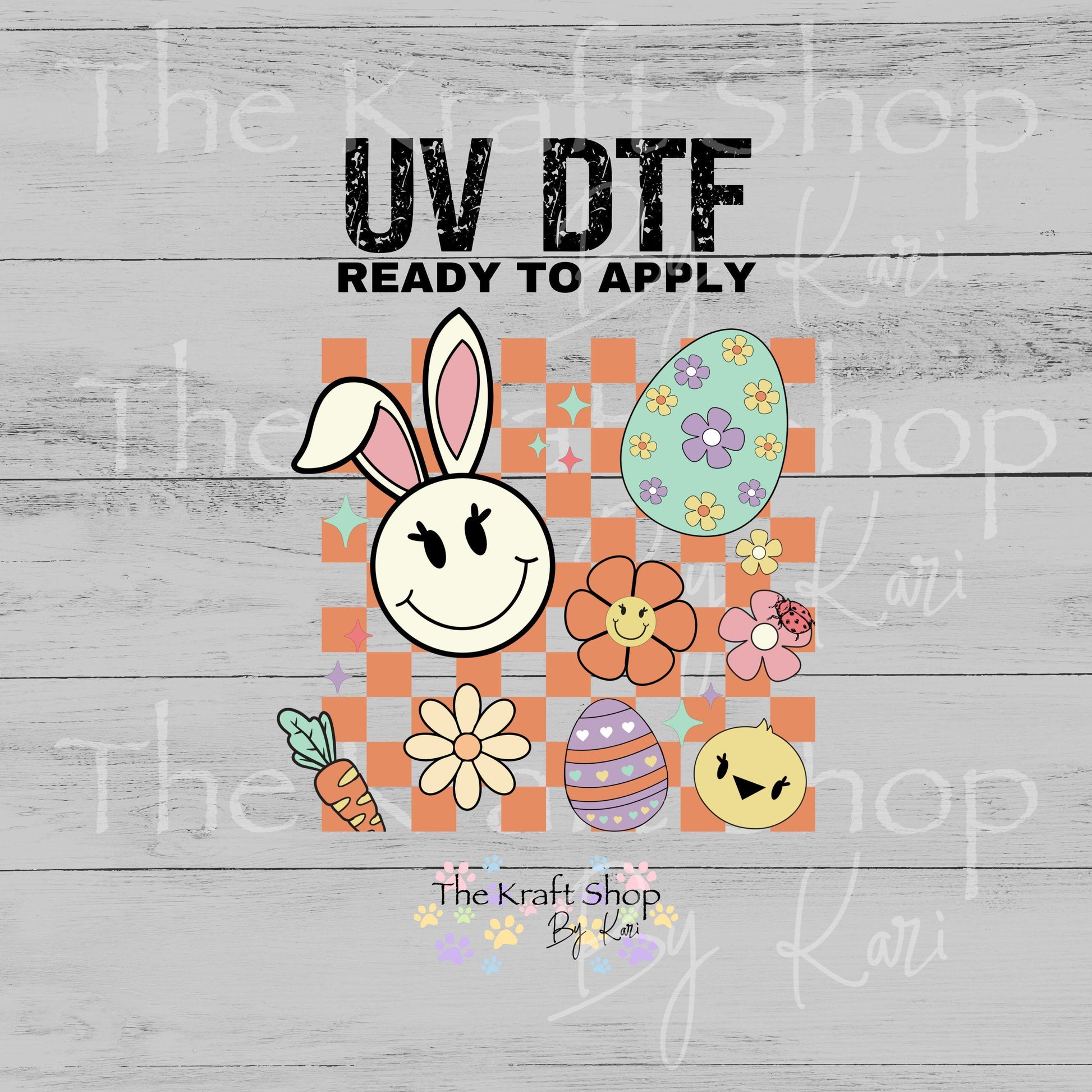 UV DTF Sticker print. Orange Checkered Retro Easter Bunny decal, tumbler decal, permanent sticker. #7651
