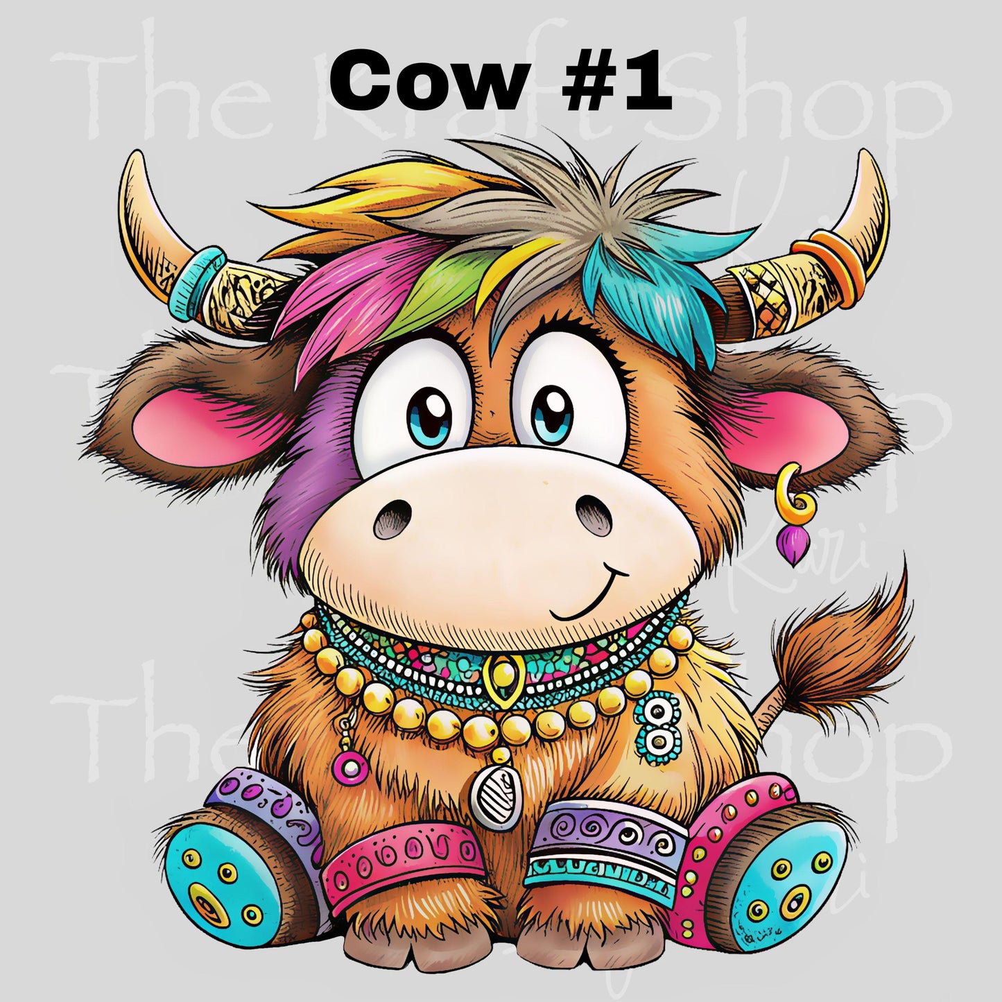 UV DTF Sticker print Bright colored cows hippie retro highland cow decal, tumbler decal, permanent sticker. #1091