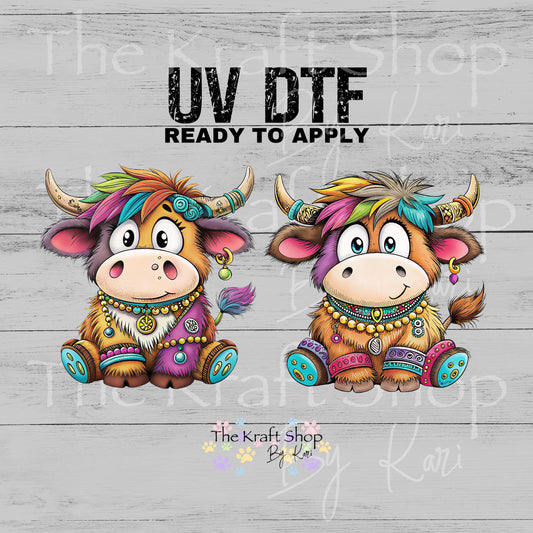 UV DTF Sticker print Bright colored cows hippie retro highland cow decal, tumbler decal, permanent sticker. #1091