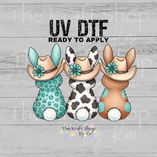 UV DTF Sticker print Western Easter Bunny Trio decal, tumbler decal, permanent sticker. #7658