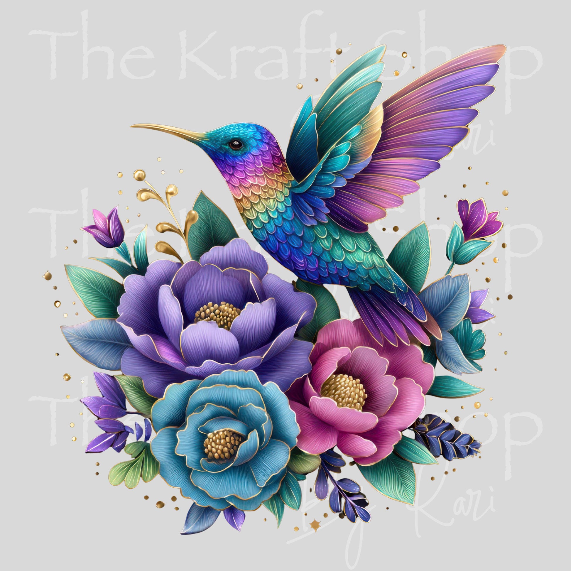 UV DTF Sticker print Floral Hummingbird with gold accents decal, tumbler decal, permanent sticker. #1092