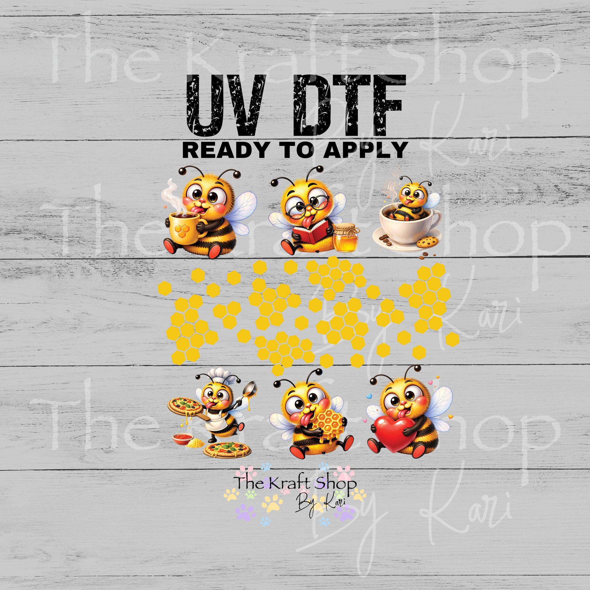 UV DTF Sticker print Cute Bees with food Element sheet 8x8 decal, tumbler decal, permanent sticker. #10406