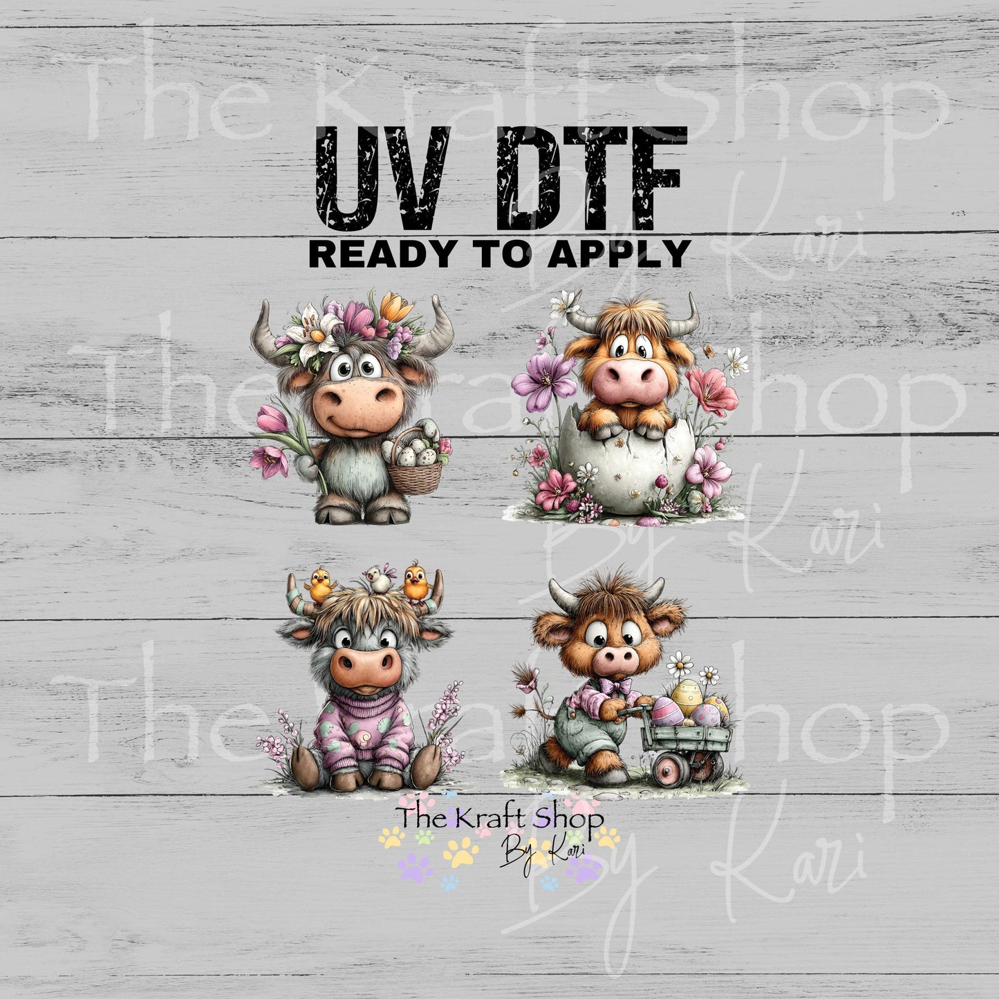 UV DTF Sticker print. Whimsical Easter Cow 4pk of decals, tumbler decal, permanent sticker #7666