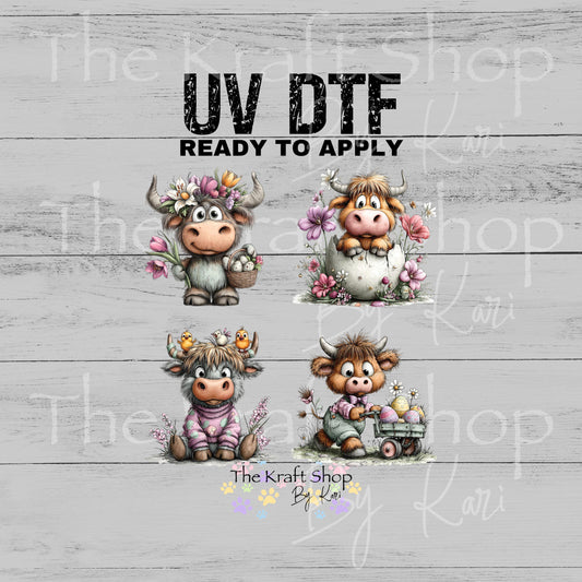 UV DTF Sticker print. Whimsical Easter Cow 4pk of decals, tumbler decal, permanent sticker #7666