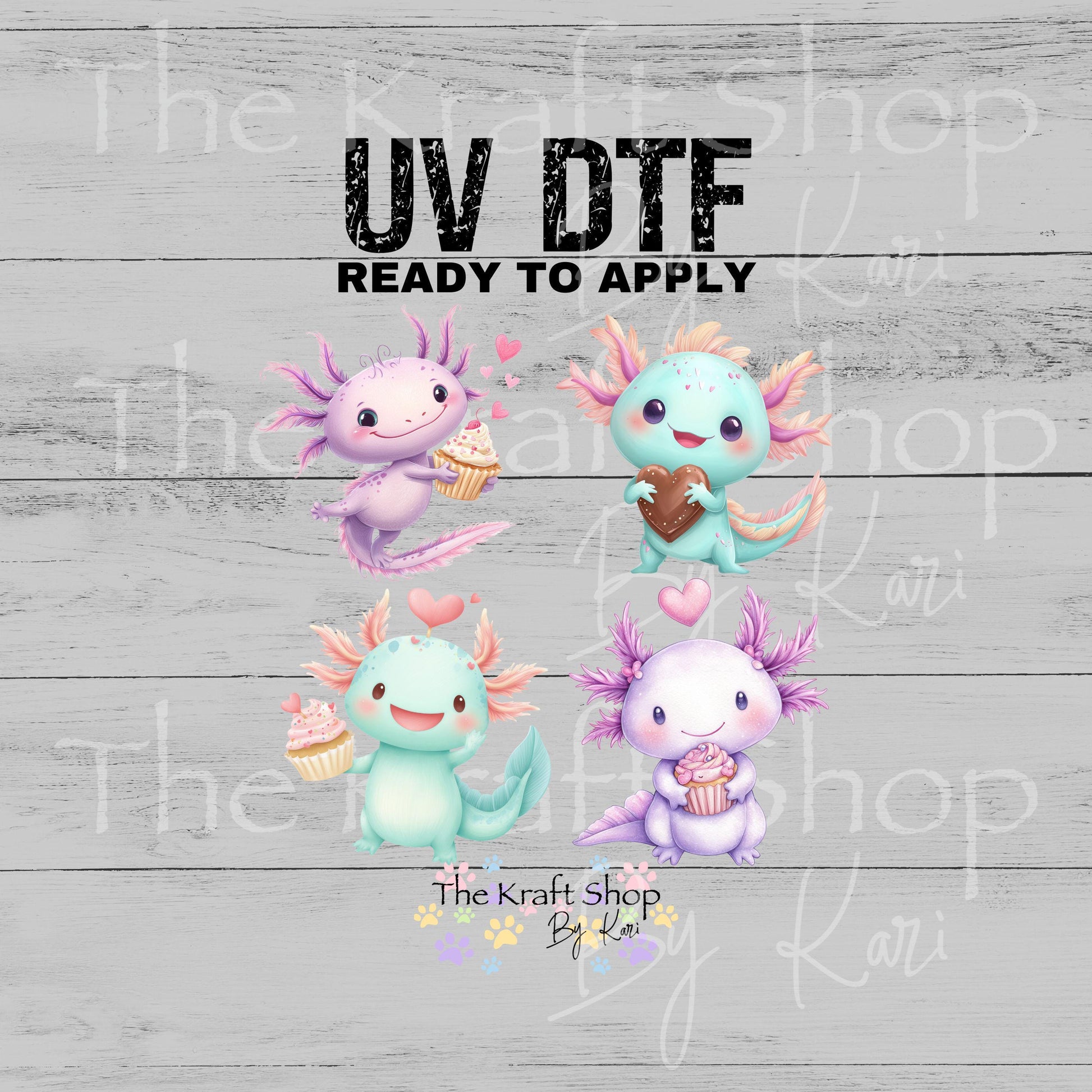 UV DTF Sticker prints. Valentines Axolotl decals 4pk, permanent sticker.#7648