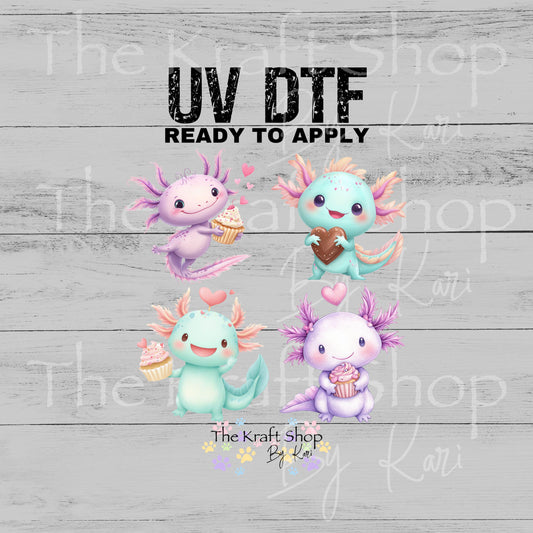 UV DTF Sticker prints. Valentines Axolotl decals 4pk, permanent sticker.#7648