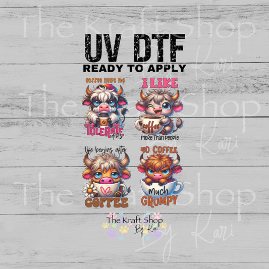 UV DTF Sticker prints. Cows and Coffee decals 4pk, permanent sticker.#4593