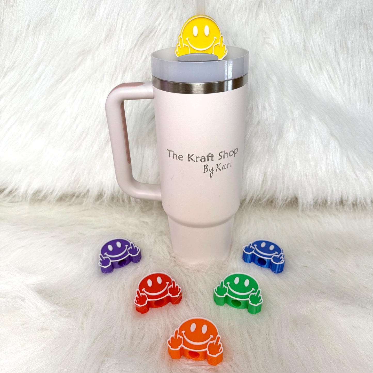 3D Smile face with middle fingers straw topper. Ready to ship.