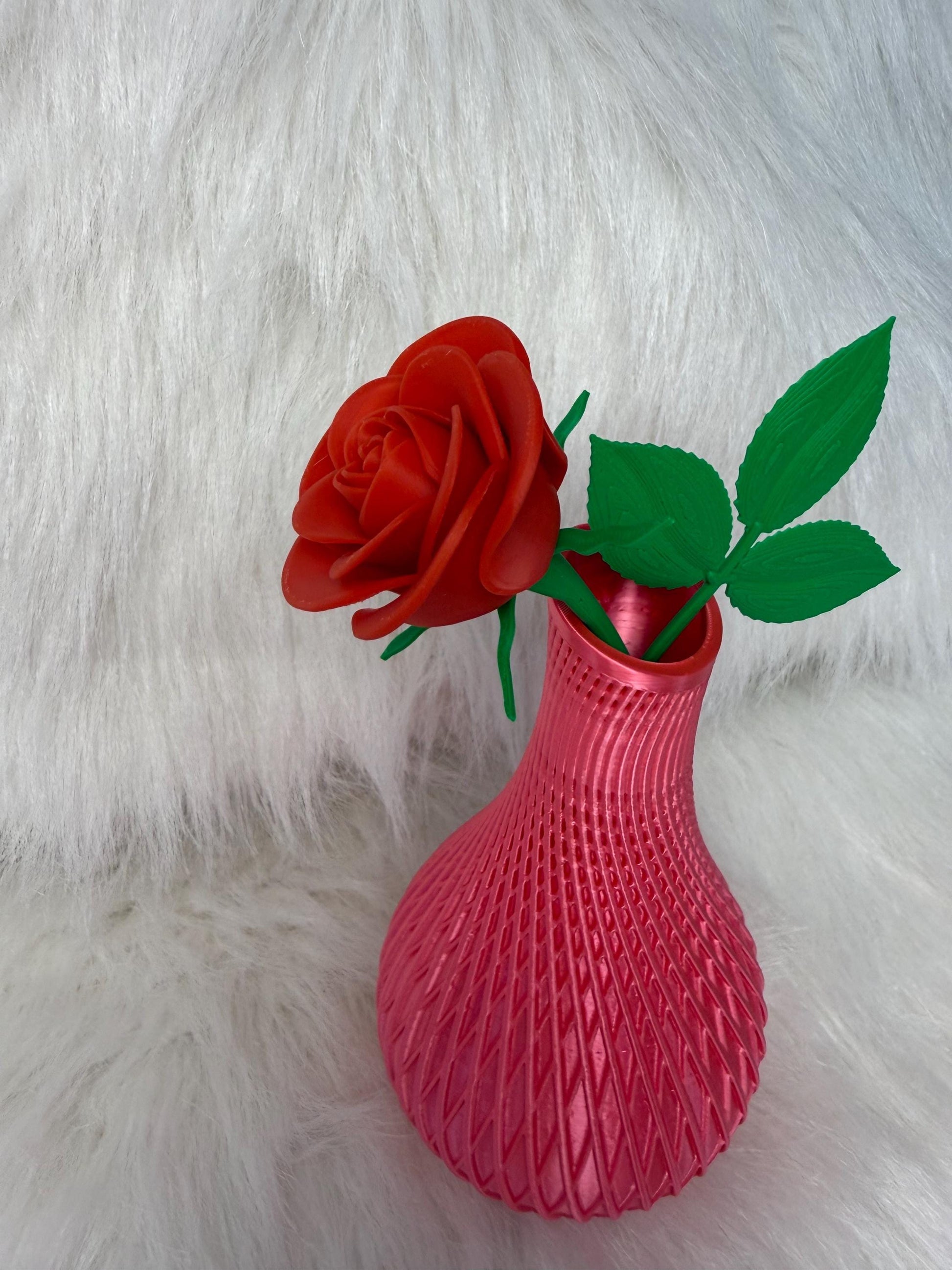 3D pink silk vase and 3D printed rose. Ready to ship.