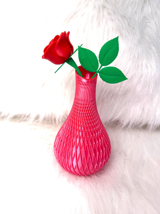 3D pink silk vase and 3D printed rose. Ready to ship.