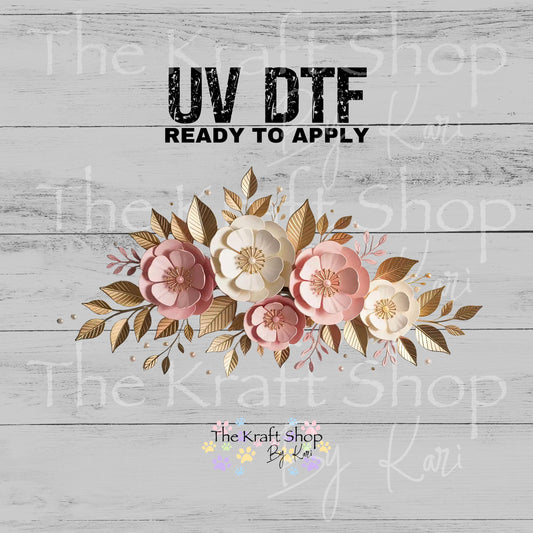 UV DTF Sticker print. Gold pink flowers wrap decals tumbler decal. Glass can wrap. #5504