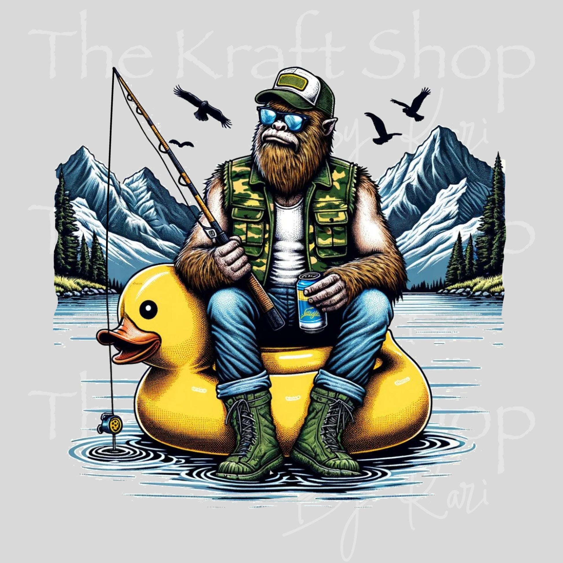 UV DTF Sticker prints. Yellow Duck Bigfoot Fishing decal, permanent sticker. #4614