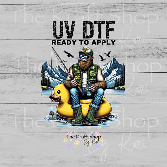 UV DTF Sticker prints. Yellow Duck Bigfoot Fishing decal, permanent sticker. #4614