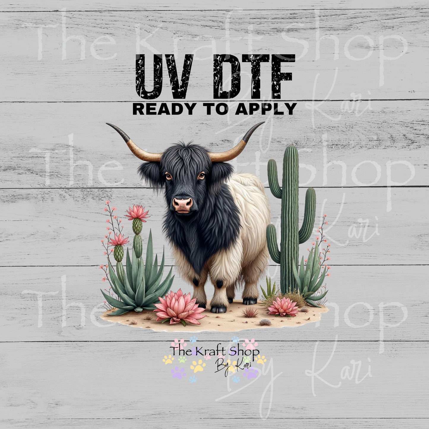 UV DTF Sticker prints. Desert Cactus Cow decal, permanent sticker. #1095