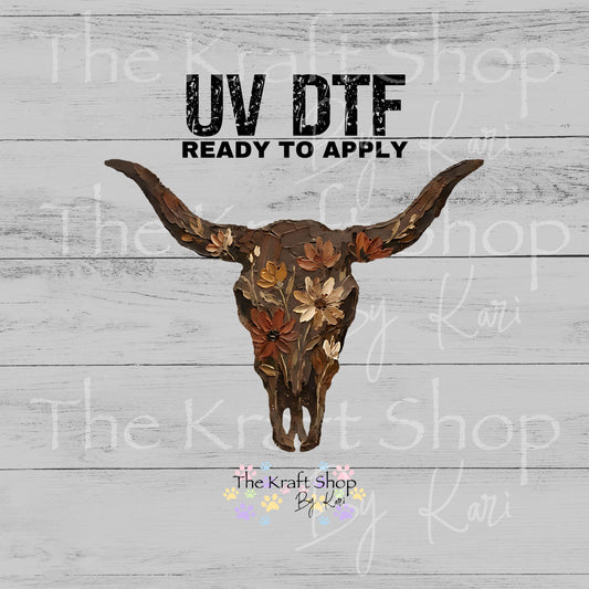 UV DTF Sticker print Floral cow skull with boho colors decal, tumbler decal, permanent sticker. #2038