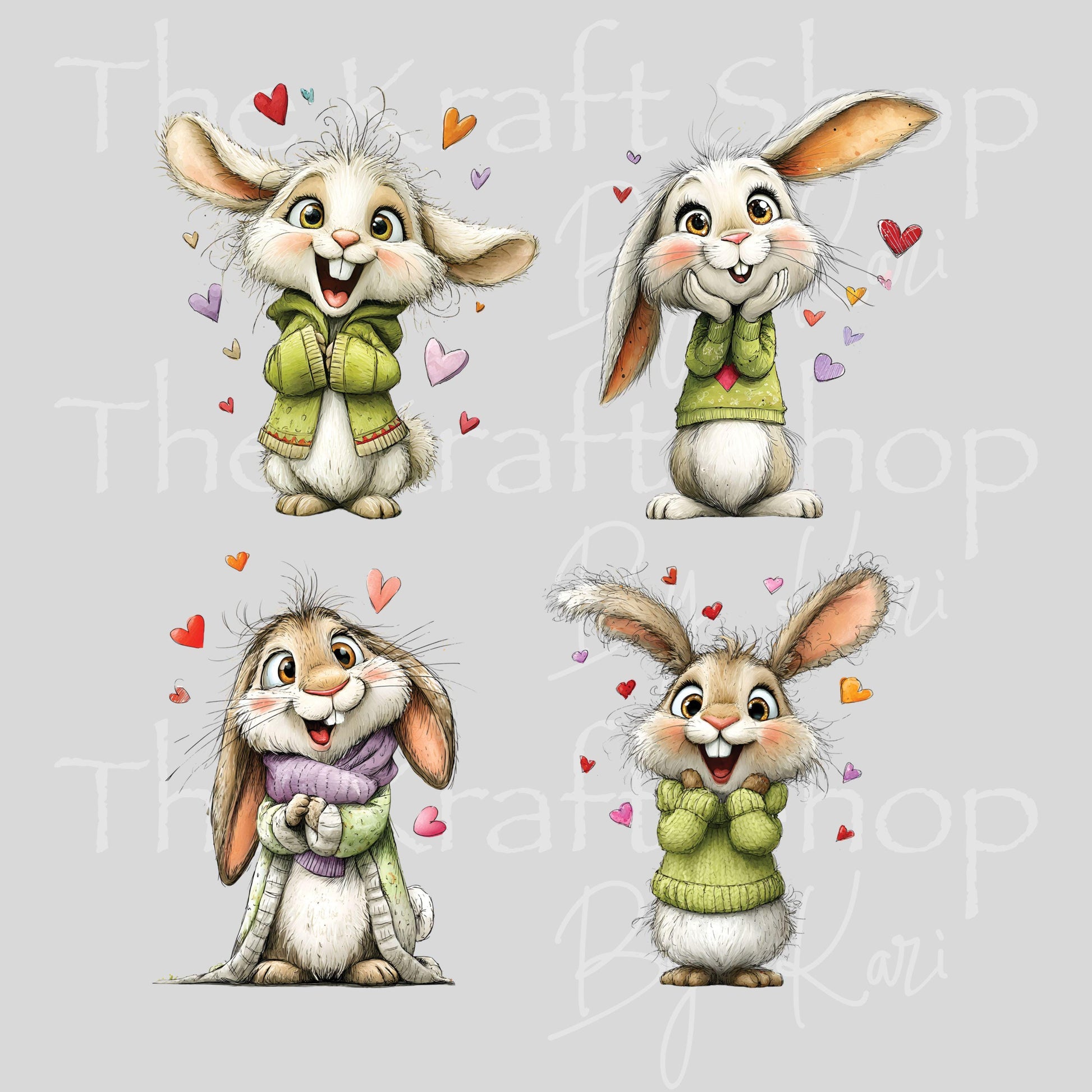 UV DTF Sticker prints. Whimsical Bunny decals 4pk, permanent sticker.#7650