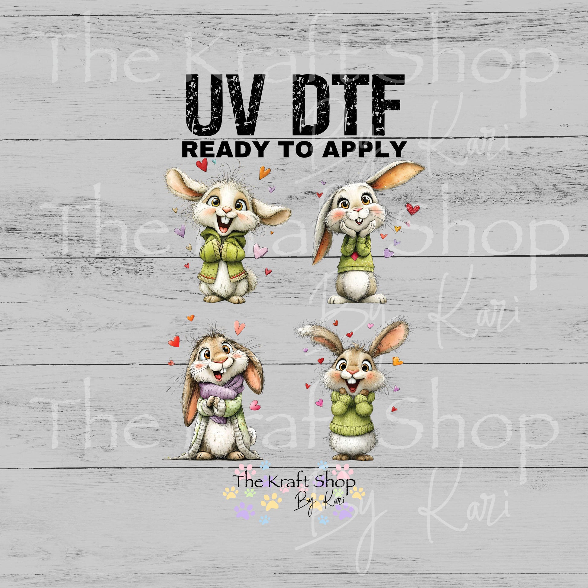 UV DTF Sticker prints. Whimsical Bunny decals 4pk, permanent sticker.#7650