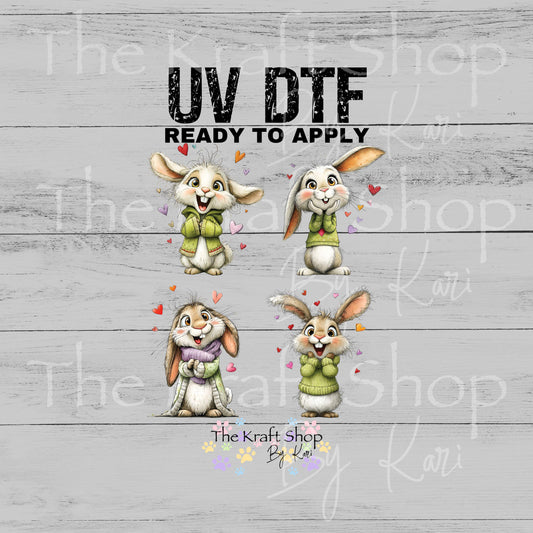 UV DTF Sticker prints. Whimsical Bunny decals 4pk, permanent sticker.#7650
