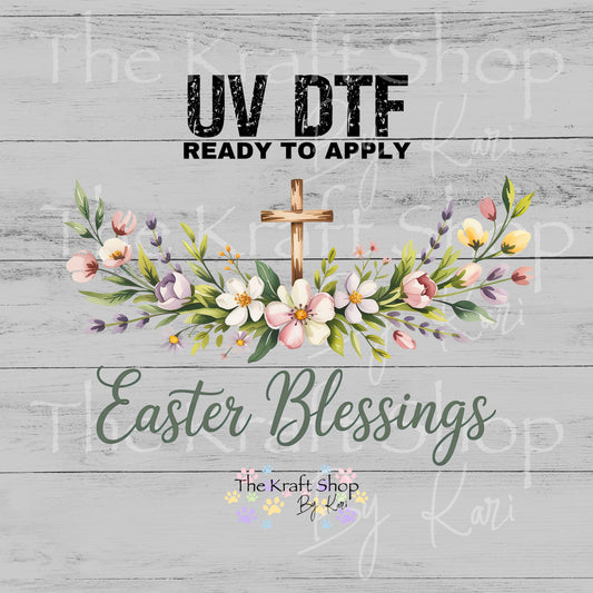 UV DTF Sticker print Easter Blessings with cross and flowers decal, tumbler decal, permanent sticker. #7656