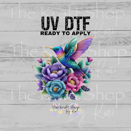 UV DTF Sticker print Floral Hummingbird with gold accents decal, tumbler decal, permanent sticker. #1092
