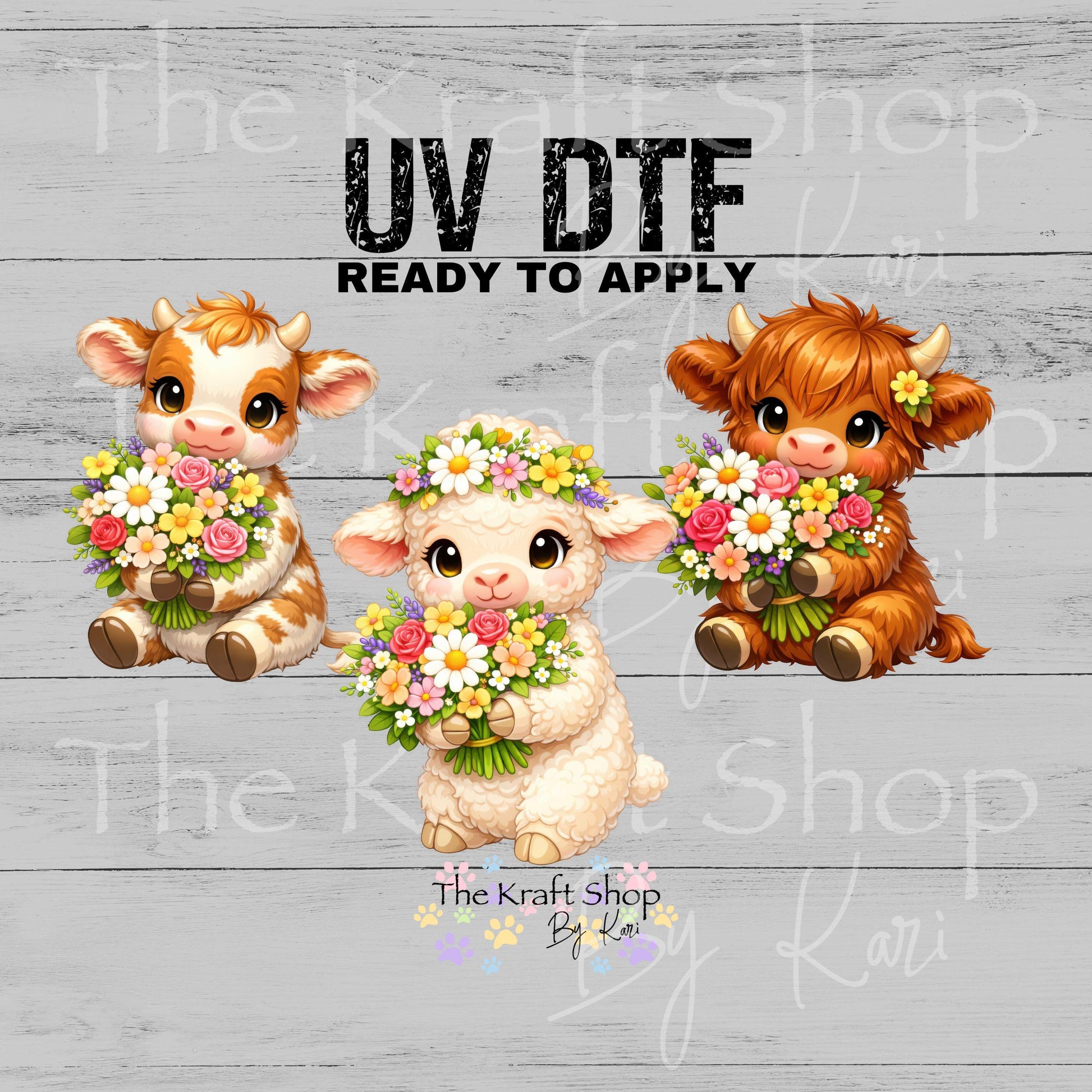 UV DTF Sticker print Spring Flowers Animals Cow, Lamb or Highland Cow decal, tumbler decal, permanent sticker. #1093