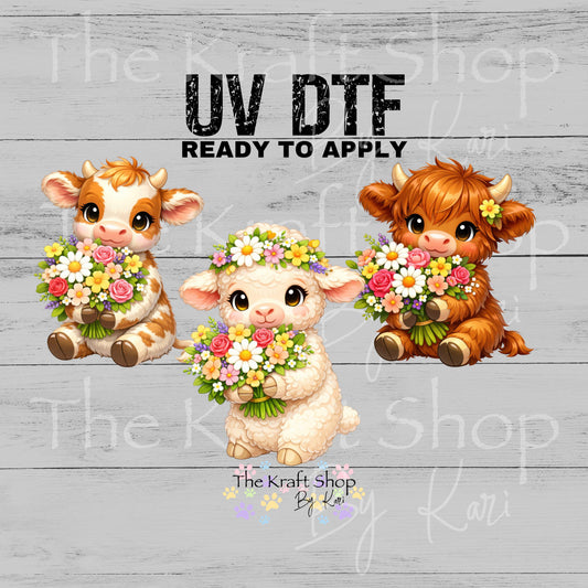 UV DTF Sticker print Spring Flowers Animals Cow, Lamb or Highland Cow decal, tumbler decal, permanent sticker. #1093