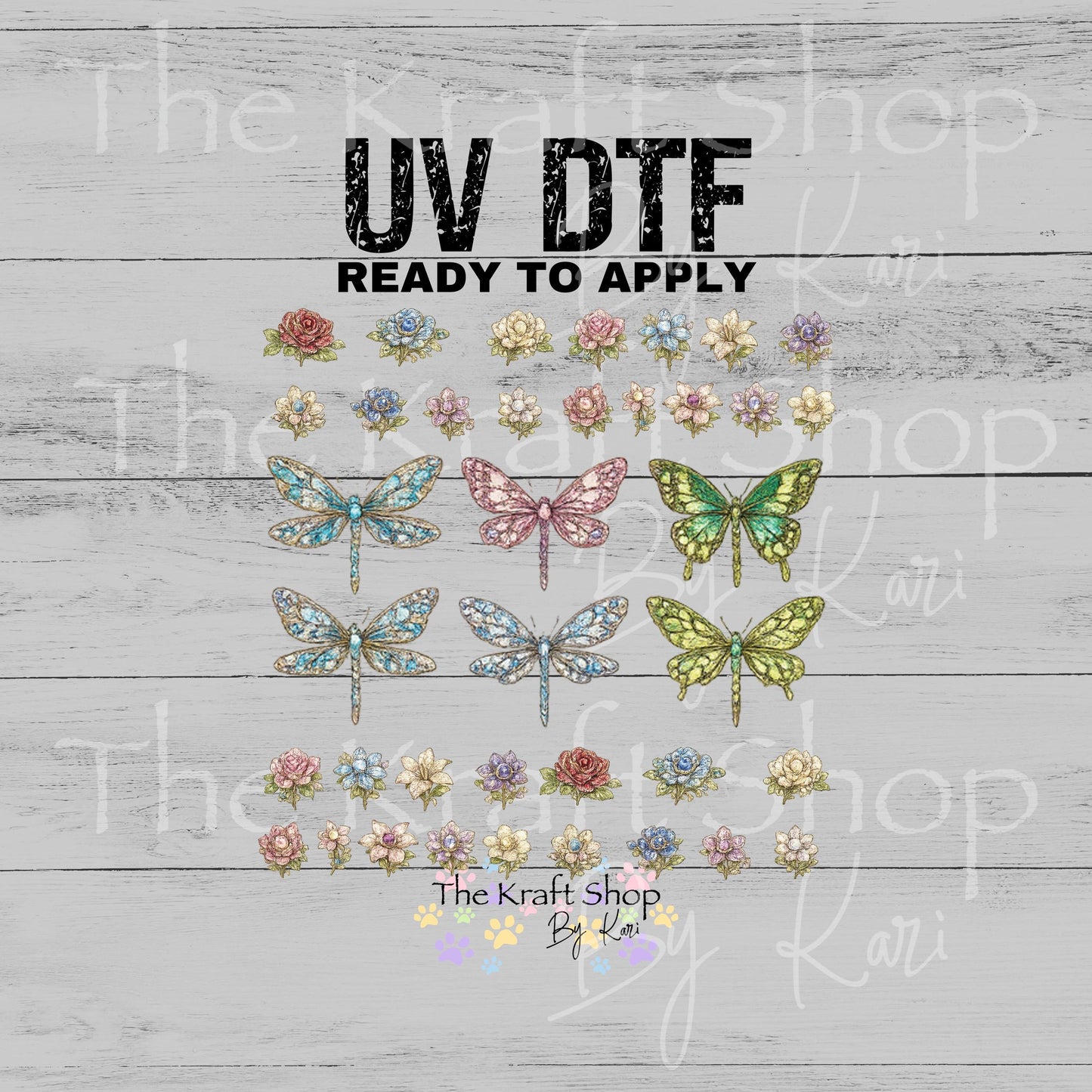 UV DTF Sticker print Jeweled Dragonfly and Flowers Element sheet 8x8 decal, tumbler decal, permanent sticker. #1097