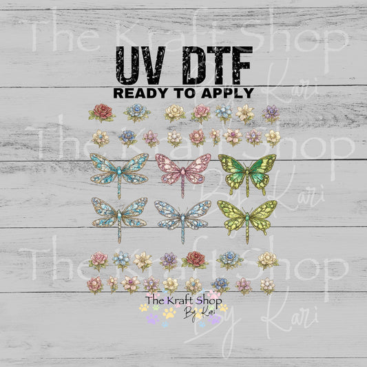 UV DTF Sticker print Jeweled Dragonfly and Flowers Element sheet 8x8 decal, tumbler decal, permanent sticker. #1097